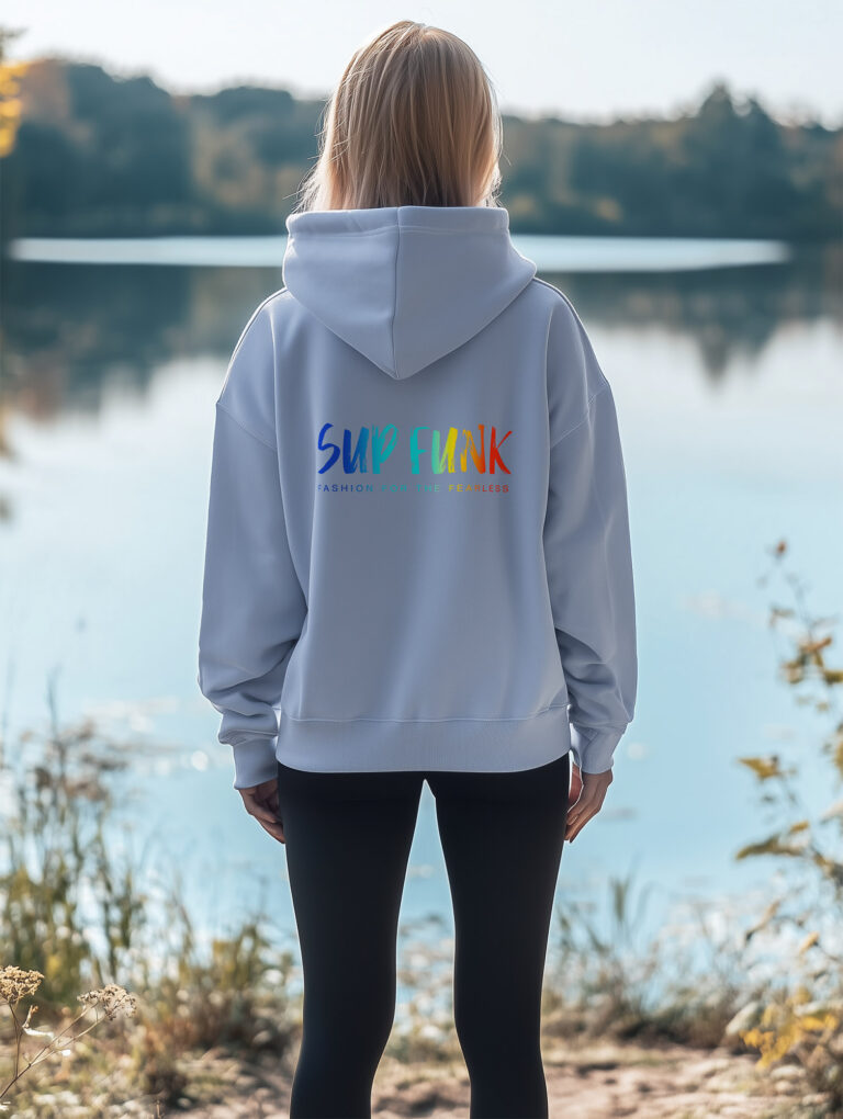 Women's Serene Blue regular fit hoodie made from Organic Cotton with a large multi coloured SUP Funk logo across the back