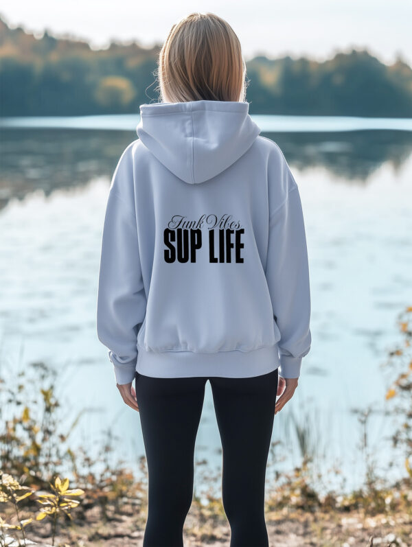 Women's Serene Blue regular fit Hoodie made from Organic Cotton with a large black typography print on the back with the words Funk Vibes, SUP LIFE.