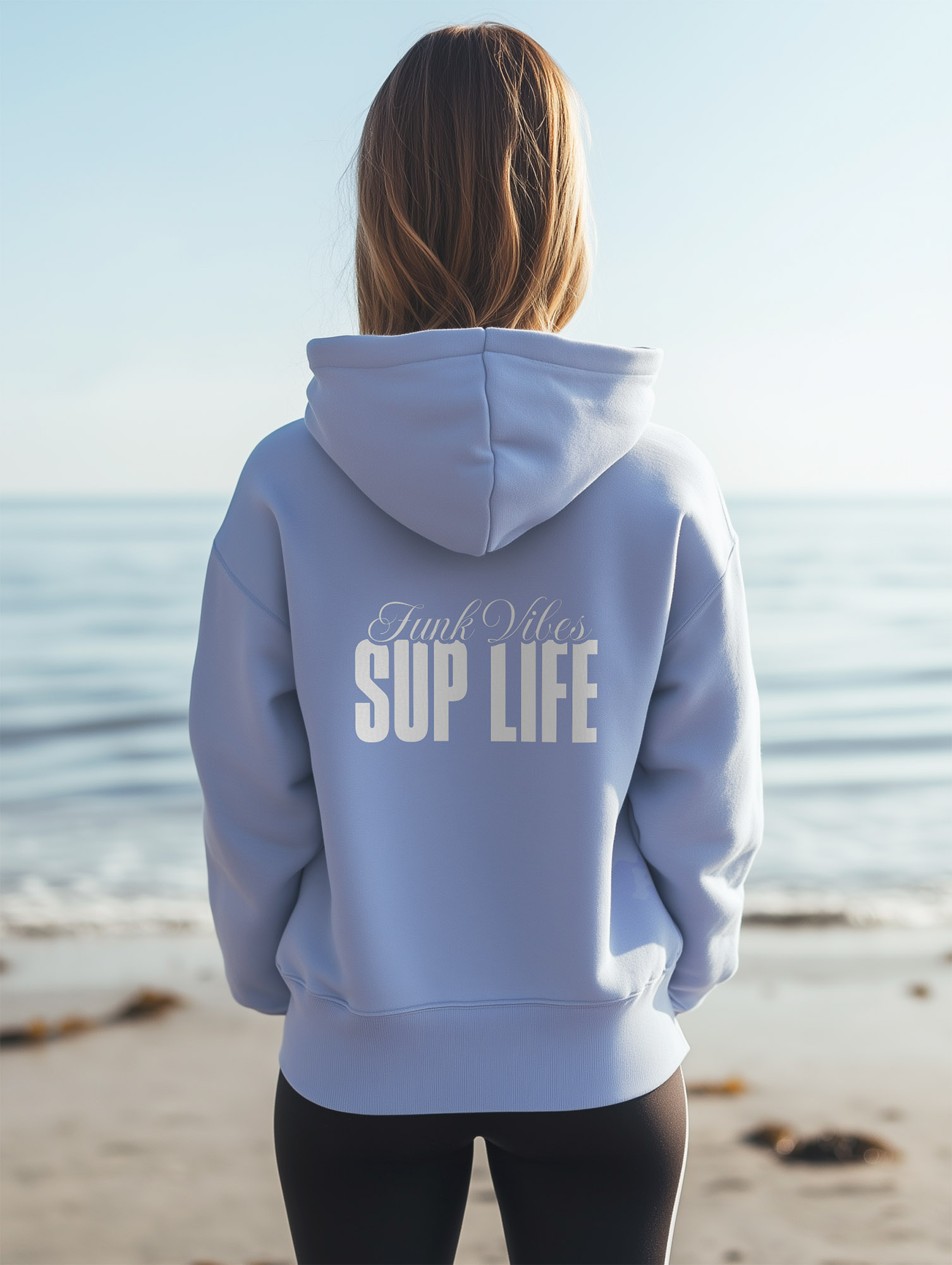 Women's Serene Blue regular fit Hoodie made from Organic Cotton with a large white typography print on the back with the words Funk Vibes, SUP LIFE.