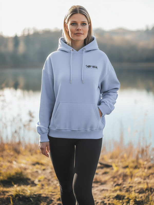 Women's Serene Blue regular fit hoodie made from 85% Organic Cotton, 15% recycled polyester with Black SUP Funk logo on the front left chest.