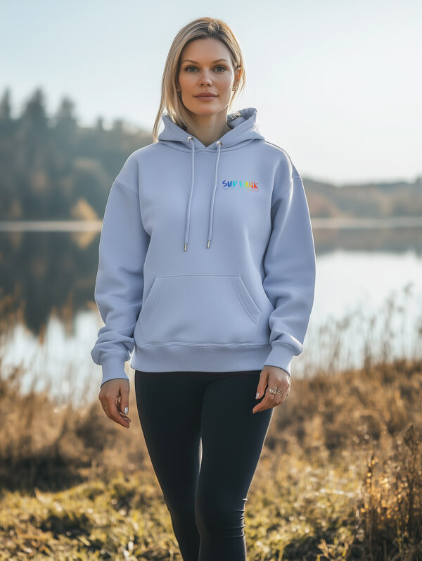 Women's Serene Blue regular fit hoodie made from 85% Organic Cotton, 15% recycled polyester with Multicoloured SUP Funk logo on the front left chest.