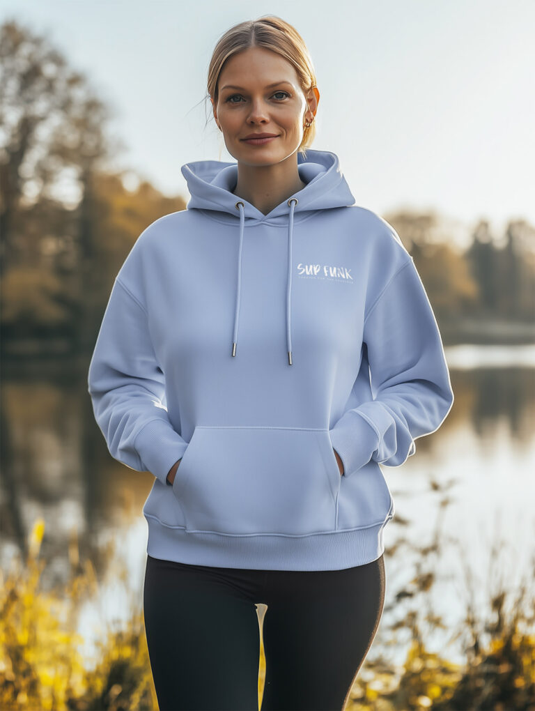 Women's Serene Blue regular fit hoodie made from 85% Organic Cotton, 15% recycled polyester with White SUP Funk logo on the front left chest.