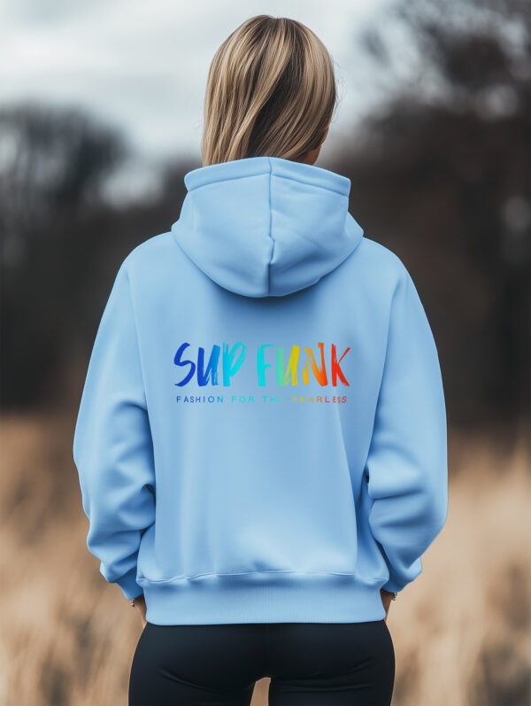 women's Blue Soul regular fit hoodie made from Organic Cotton with a large multi coloured SUP Funk logo across the back