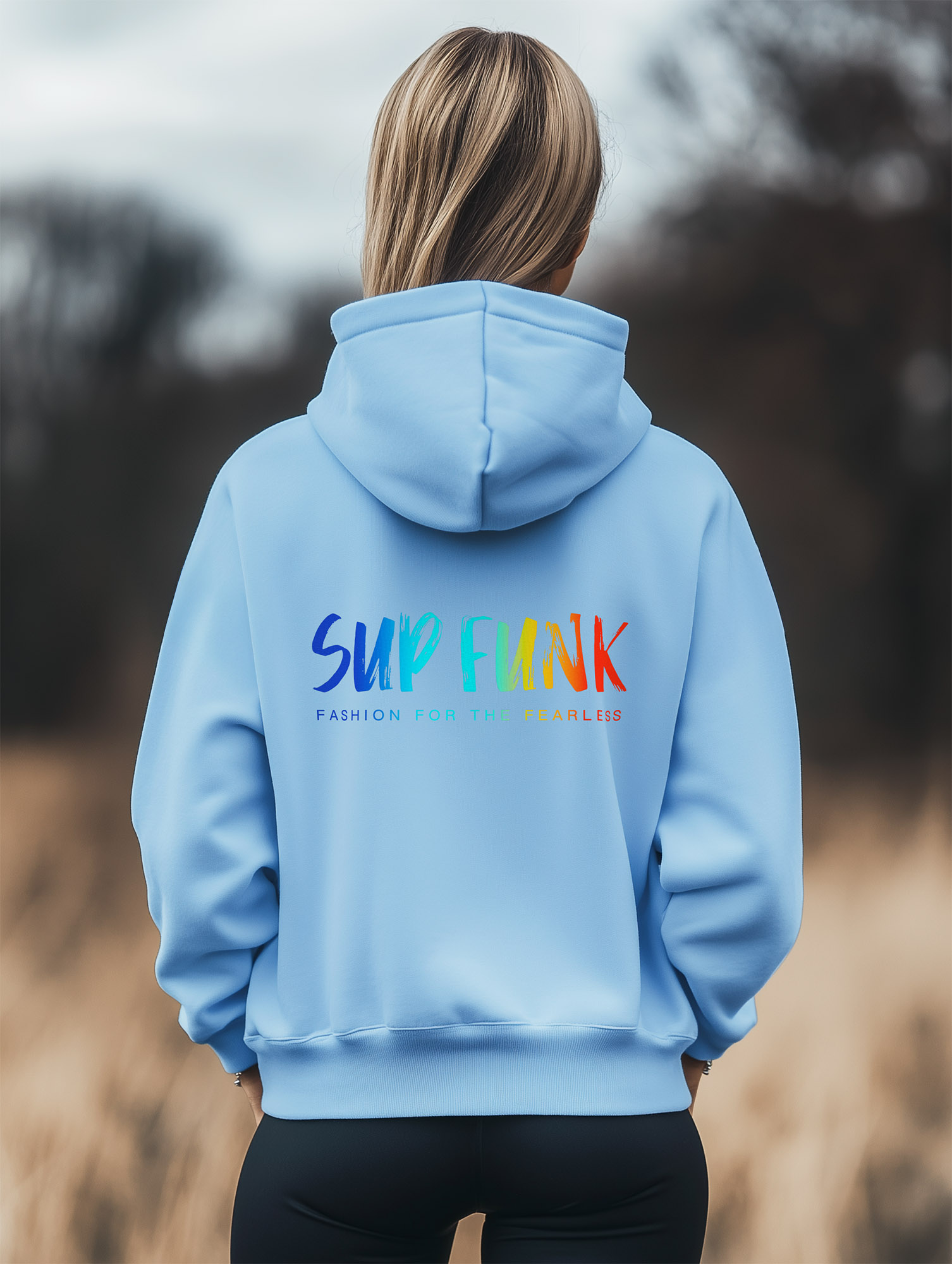 Women's Blue Soul regular fit hoodie made from Organic Cotton with a large multi coloured SUP Funk logo across the back