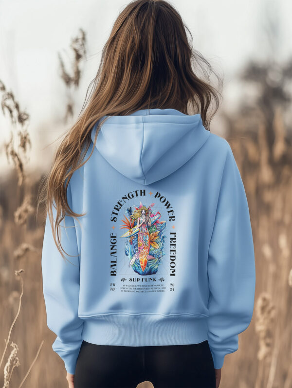 Women's Blue Soul regular hoodie made from Organic Cotton with a large abstract style image printed on the back with the words Balance, Strength, Power and Freedom in black. The hoodie is finished off with Vibrant SUP Funk logo on the front left chest.