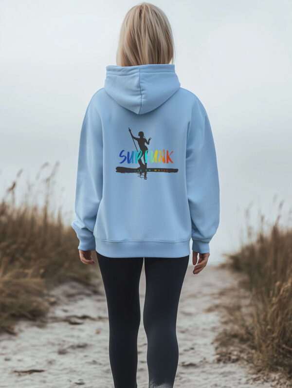 women's regular fit Blue Soul Hoodie made from Organic Cotton with a large multi coloured SUP Funk logo across the back over dark paddleboard woman motif silhouette