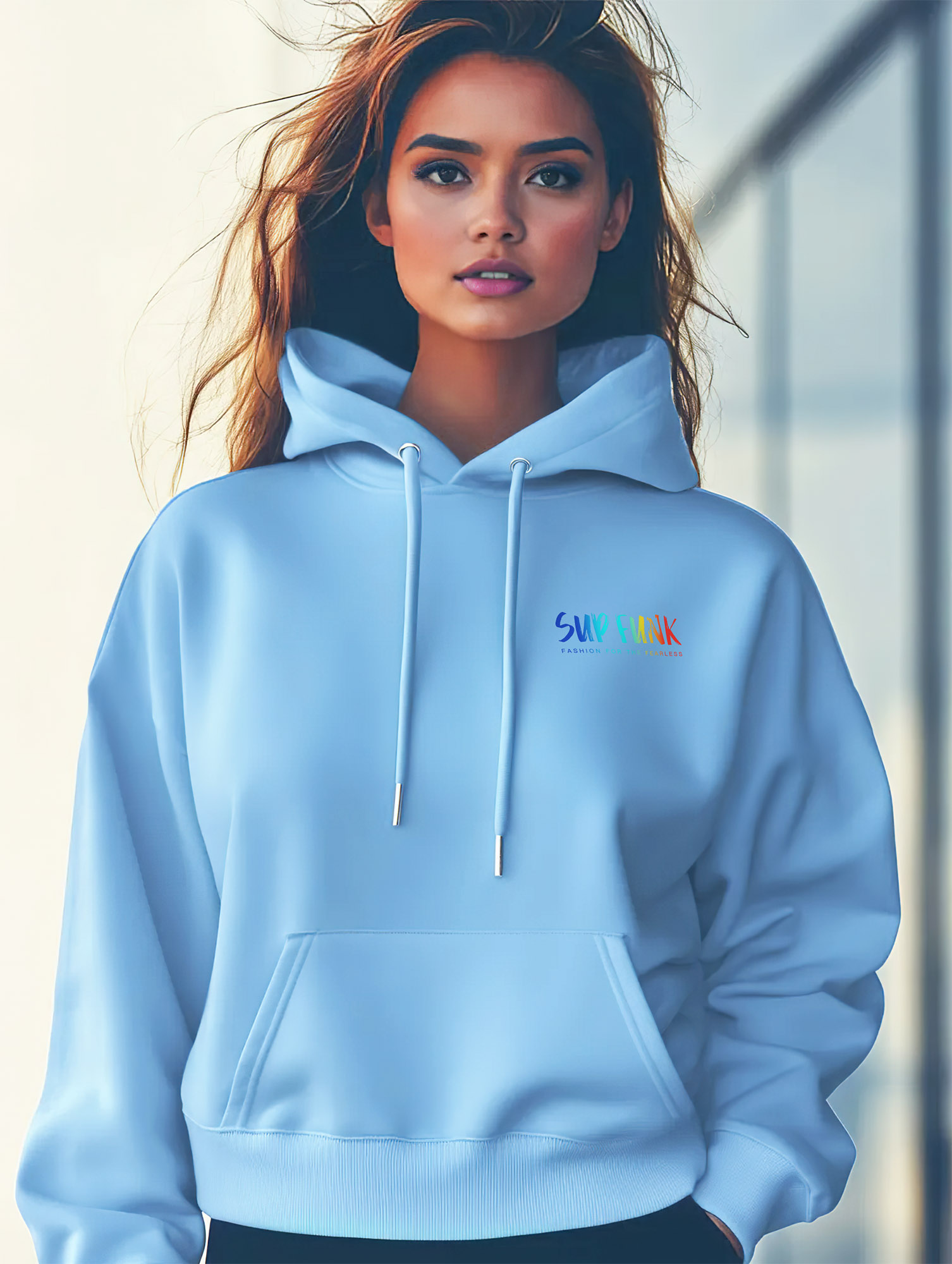 Front view of women's Blue Soul regular fit hoodie made from Organic Cotton with a vibrant multi coloured SUP Funk logo across the front left chest.