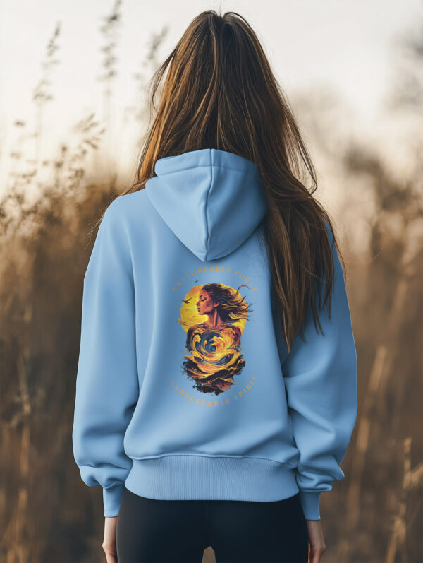 Women's Blue Soul regular fit hoodie made from 100%Organic Cotton with a large image printed on the back with the words Unstoppable Force, Unbreakable Spirit. The Hoodie is finished off with Vibrant Orange SUP Funk logo on the front left chest.