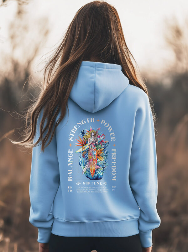 Women's Blue Soul regular hoodie made from Organic Cotton with a large abstract style image printed on the back with the words Balance, Strength, Power and Freedom in white. The hoodie is finished off with Vibrant SUP Funk logo on the front left chest.