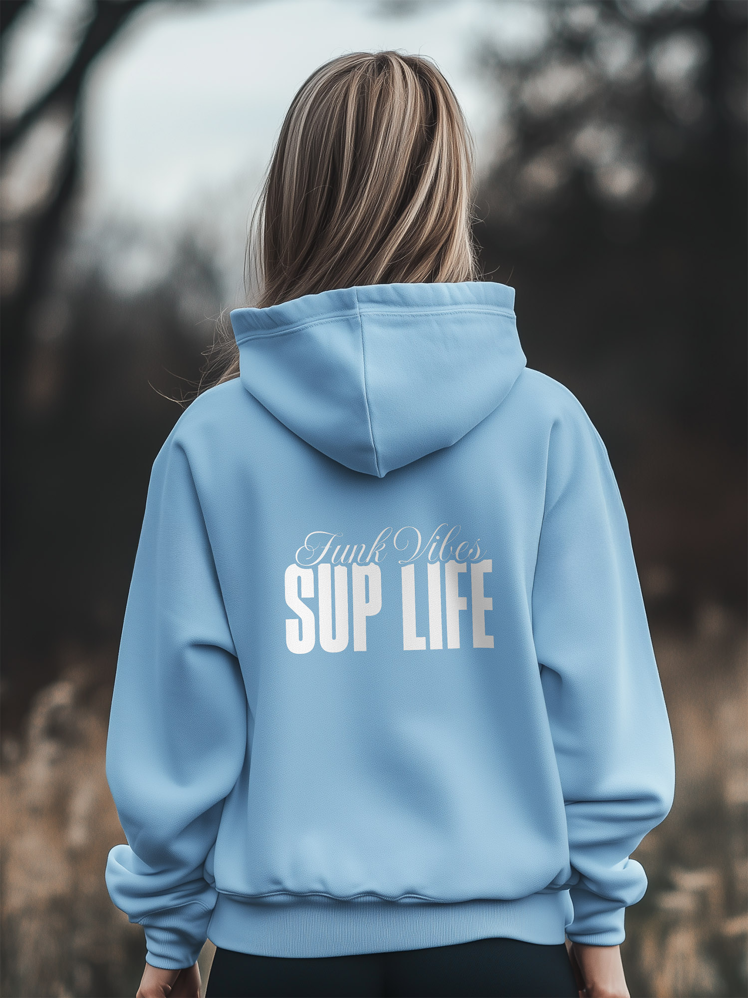 Women's Blue Soul regular fit Hoodie made from Organic Cotton with a large white typography print on the back with the words Funk Vibes, SUP LIFE.