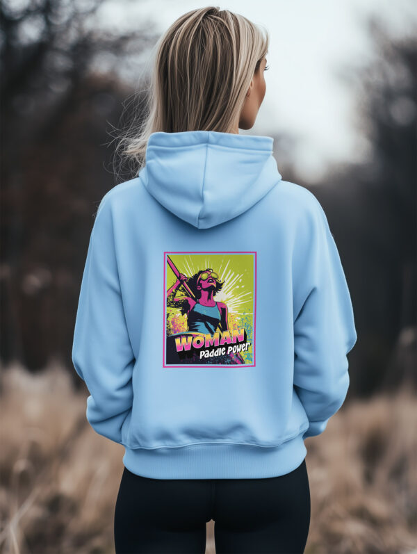 women's Blue Soul regular fit Hoodie made from Organic Cotton with a large vibrant pink and lime green comic style print on the back with the words Woman Paddle Power.