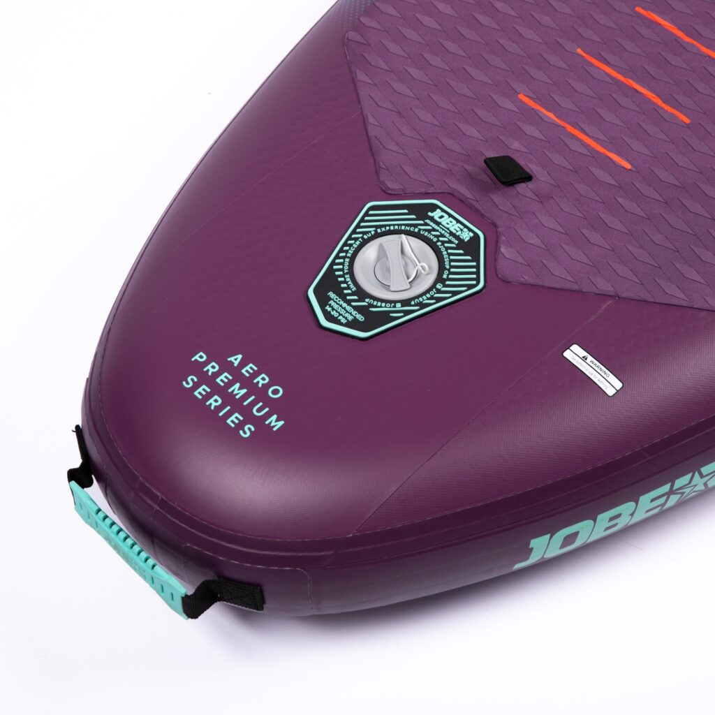 Jobe Yarra 10.6 SUP Board Aero Package Sunset Purple close up of valve