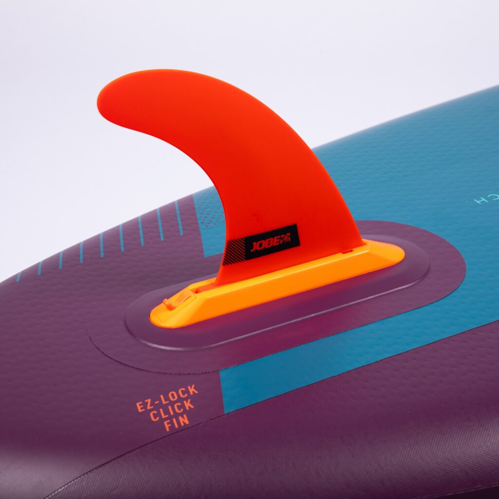 Jobe Yarra 10.6 SUP Board Aero Package Sunset Purple close up of fin