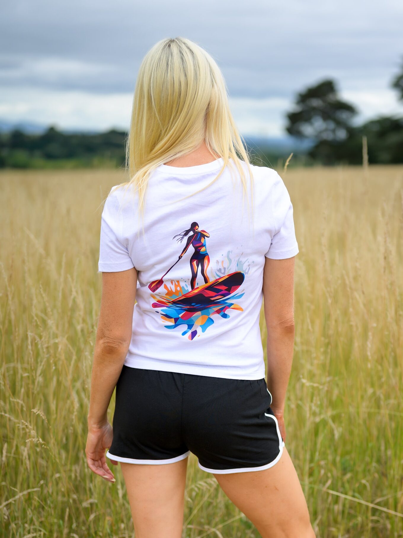Model wearing Ride The Vibe Women's Paddleboard T-Shirt by SUP Funk