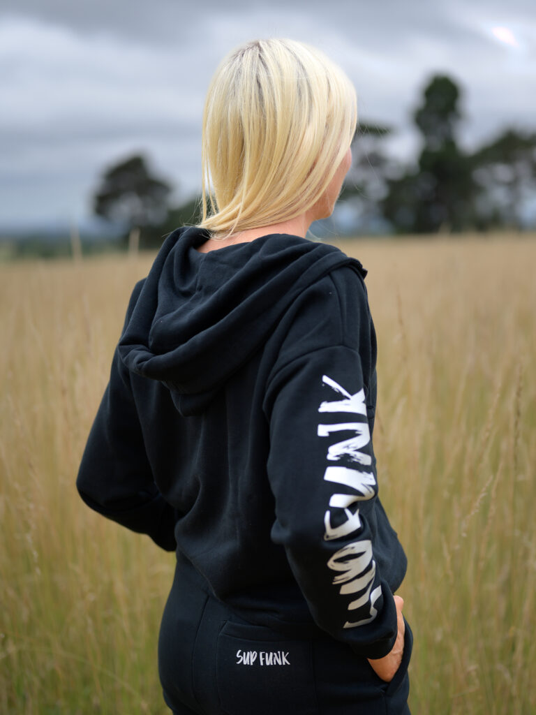 Women wearing Signature Luxe Collection Zip Hoodie Jacked in black by SUP Funk