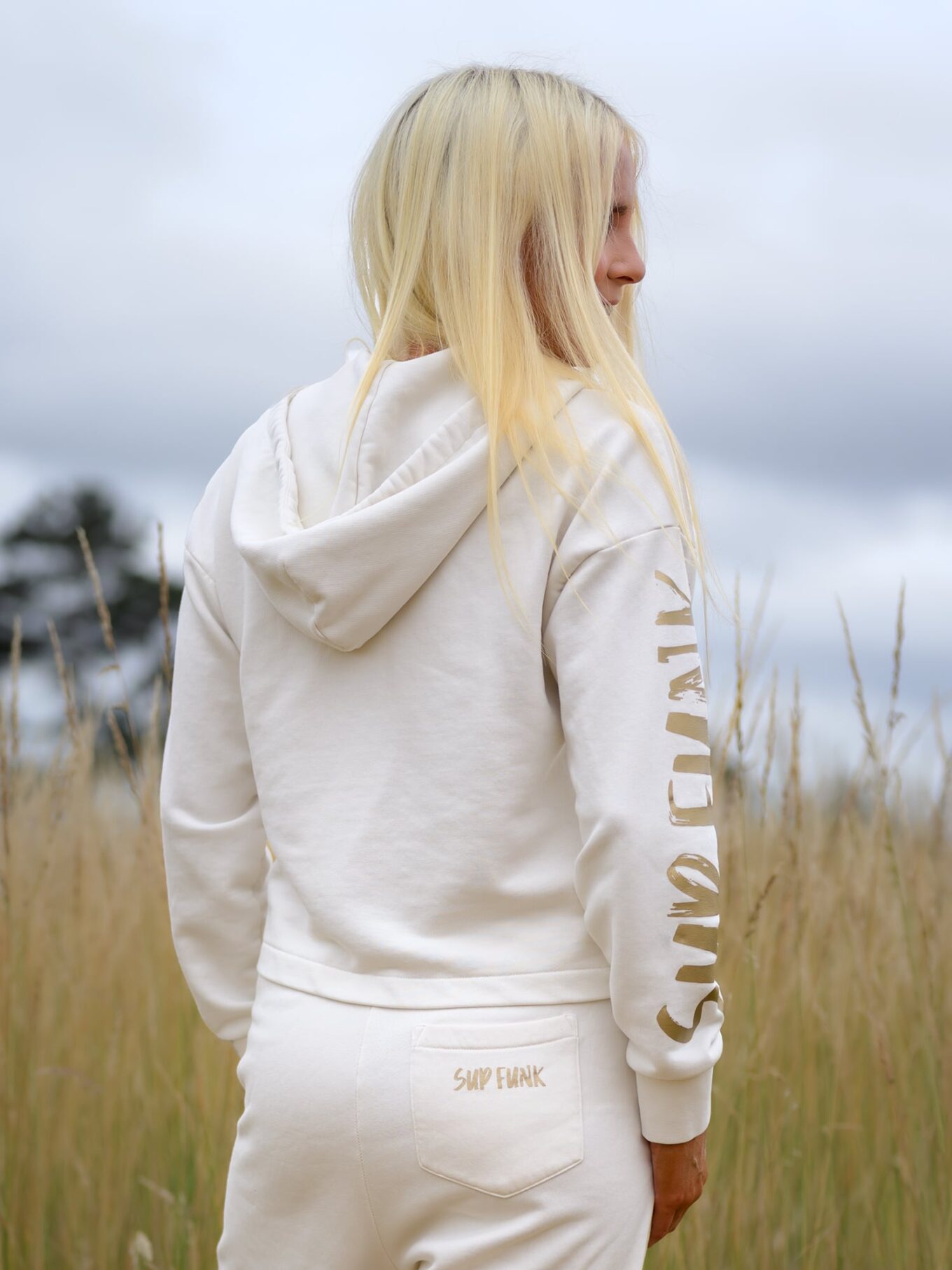 Women wearing Signature Luxe Collection Zip Hoodie Jacked in Ivory by SUP Funk