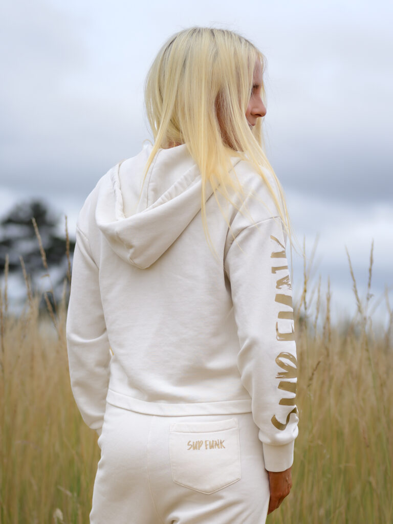 Women wearing Signature Luxe Collection Zip Hoodie Jacked in Ivory by SUP Funk