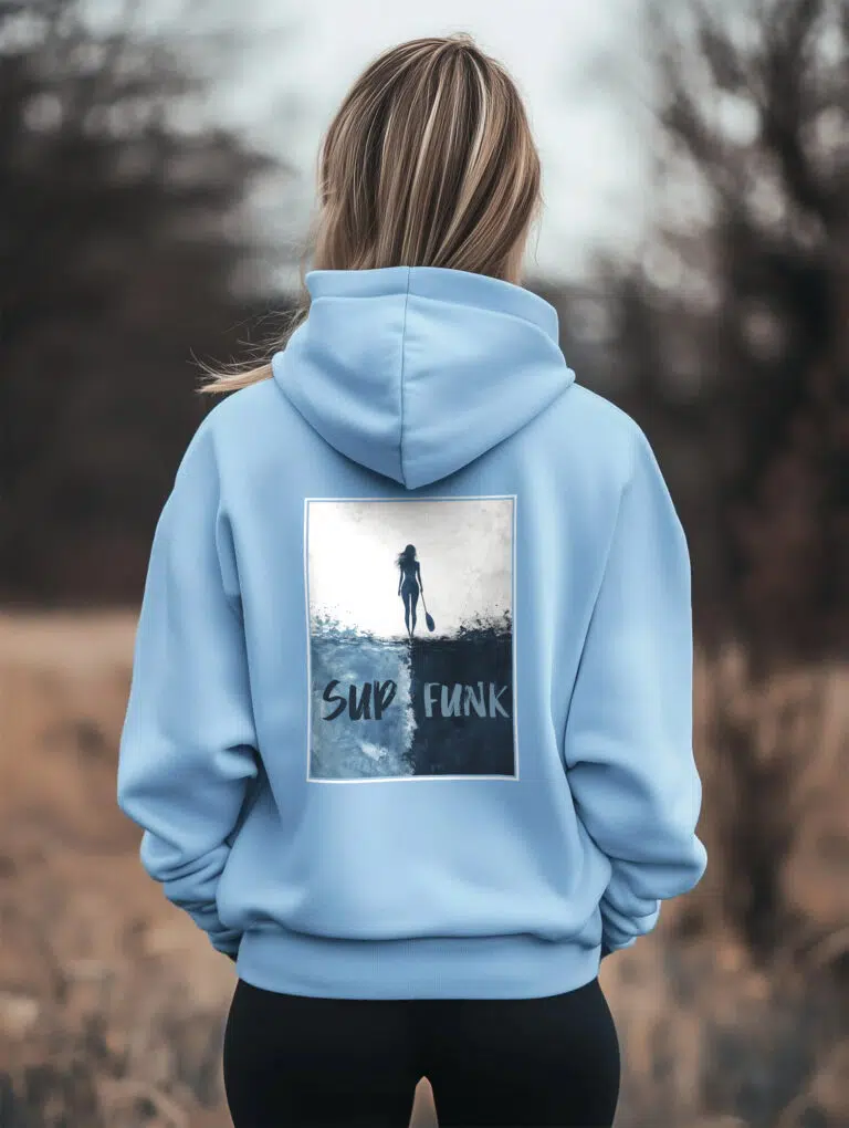Woman wearing Blue Soul coloured Walk on Water Hoodie by SUP Funk