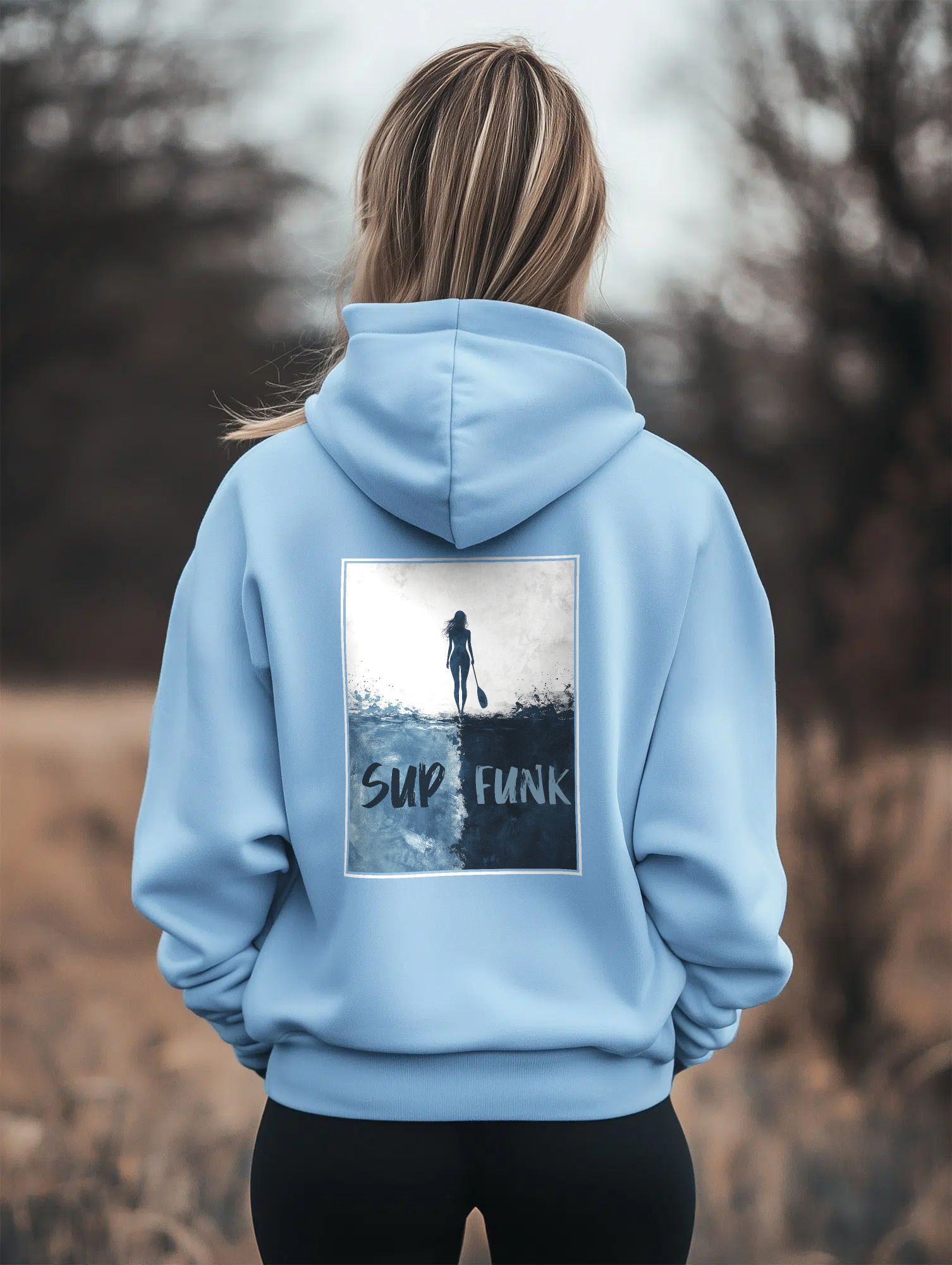 Woman wearing Blue Soul coloured Walk on Water Hoodie by SUP Funk
