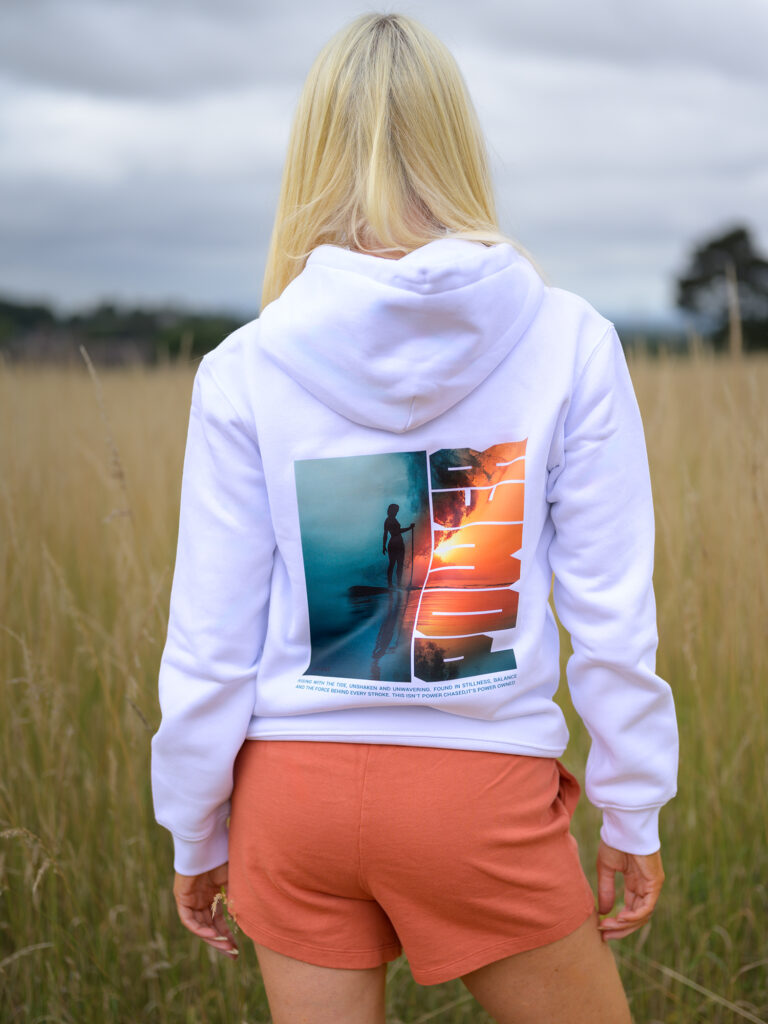 Woman wearing the incredible white Power Paddle Boarding hoodie by SUP Funk