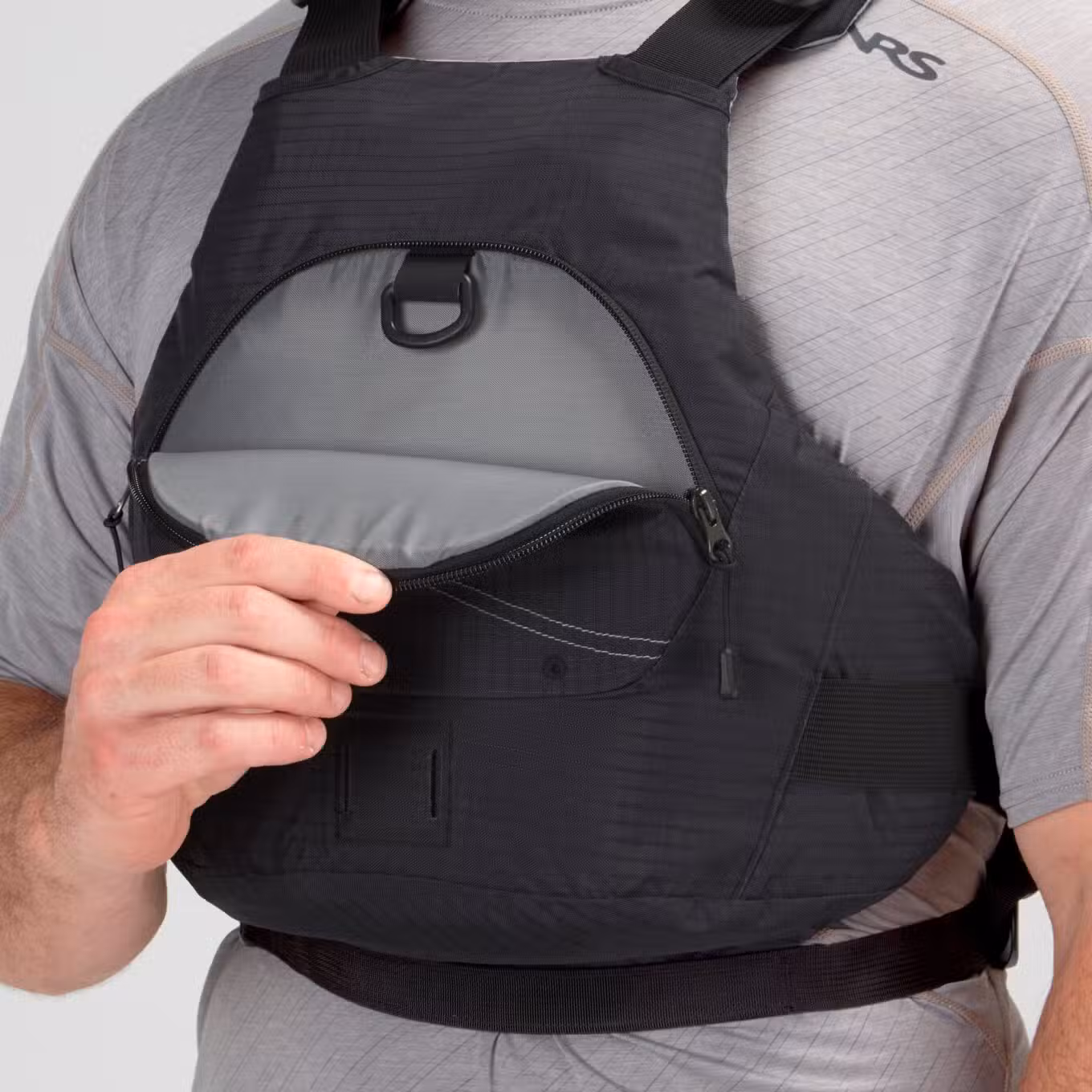Model wearing NRS Ion PFD Black Buoyancy Aid Pocket View