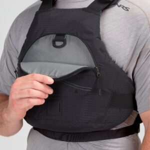 Model wearing NRS Ion PFD Black Buoyancy Aid Pocket View
