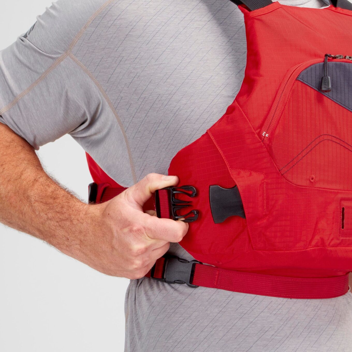 Model wearing NRS Ion PFD Red Colour Buoyancy Aid Detail View
