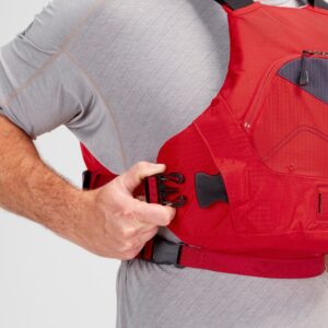 Model wearing NRS Ion PFD Red Colour Buoyancy Aid Detail View