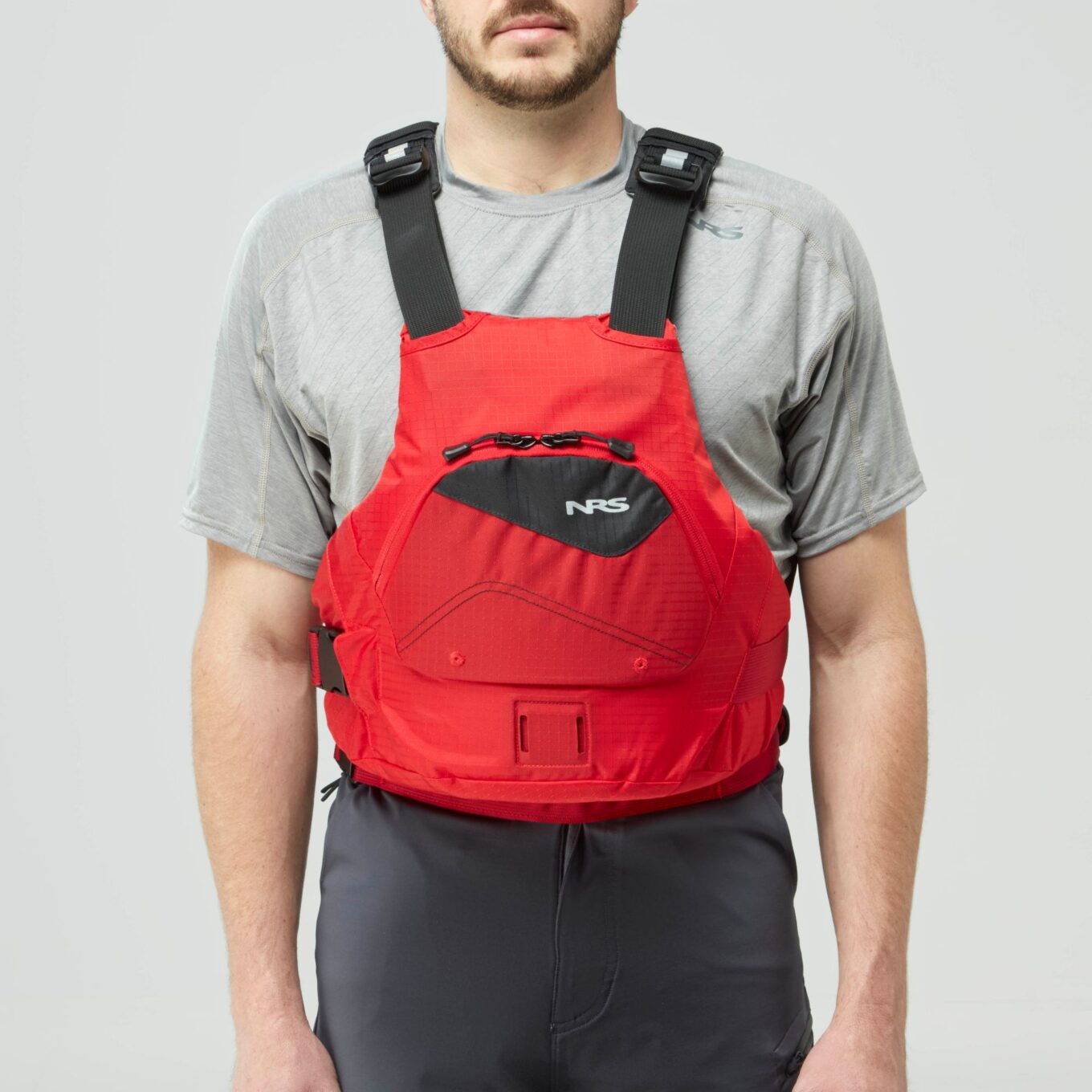 Model wearing NRS Ion PFD Red Colour Buoyancy Aid Front View
