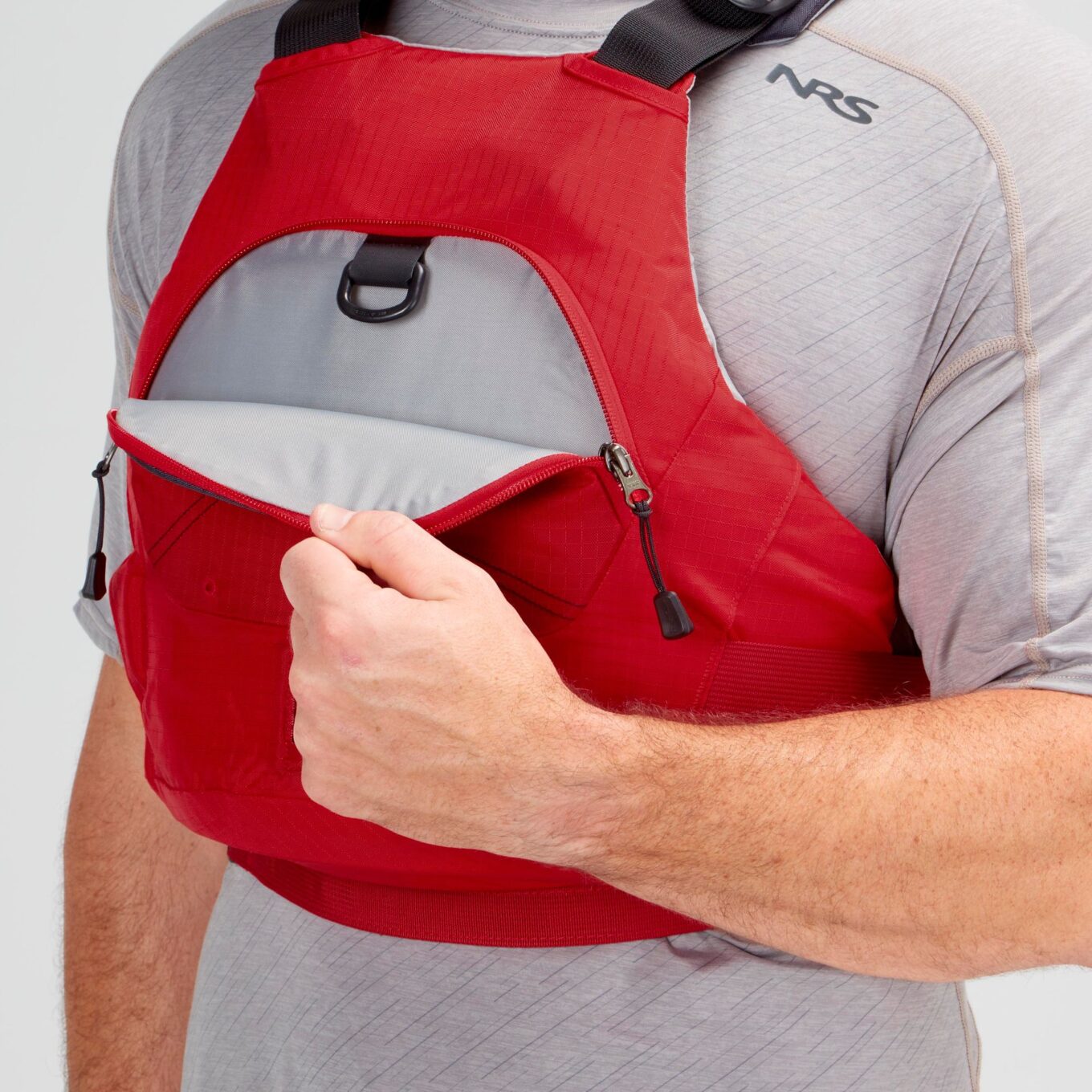 Model wearing NRS Ion PFD Red Colour Buoyancy Aid Pocket View
