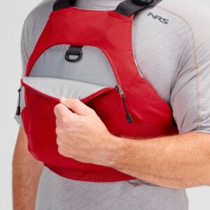 Model wearing NRS Ion PFD Red Colour Buoyancy Aid Pocket View
