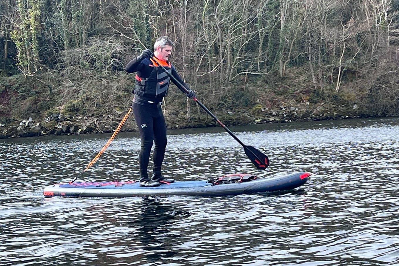 Nigel Waters Winter Paddle Boarding Wearing NRS Paddle Wetshoes and gloves
