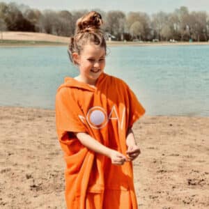 MOAI Kids Cotton Towelling Robe Orange Action Shot