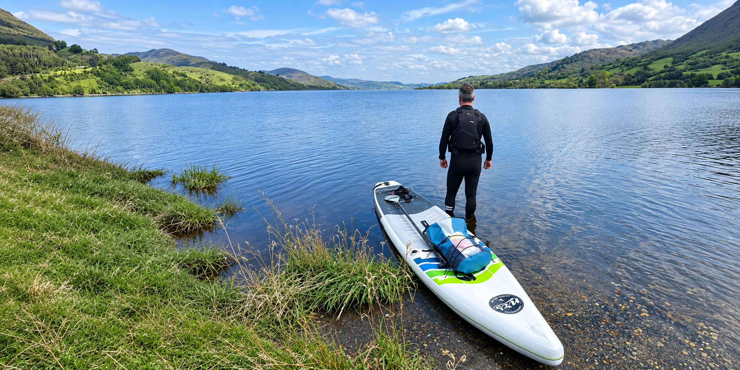 Paddleboarder and inflatable paddle board taking in the view of calm lake.