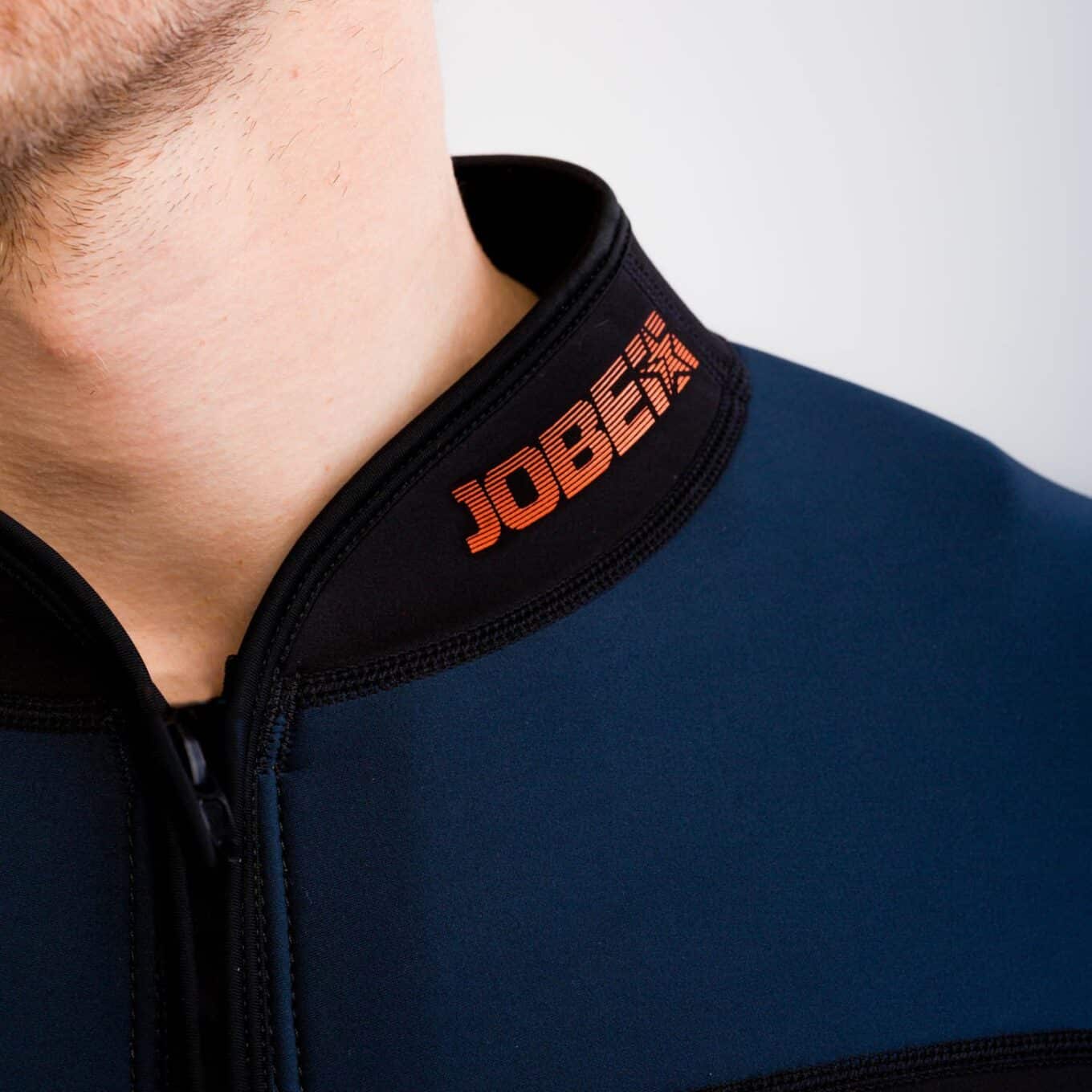 Close-up of the raised collar and Jobe branding on the Toronto 2mm men’s neoprene jacket