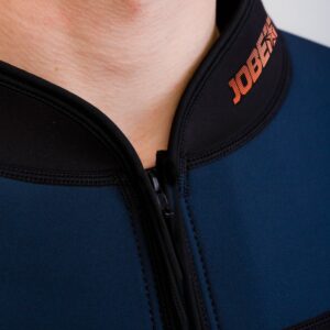 Close-up of the front zip, raised collar and stitched seams on the Jobe Toronto 2mm jacket