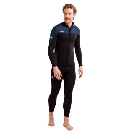 Model wearing the blue and black Jobe Toronto 2mm Men’s Neoprene Jacket with matching wetsuit trousers
