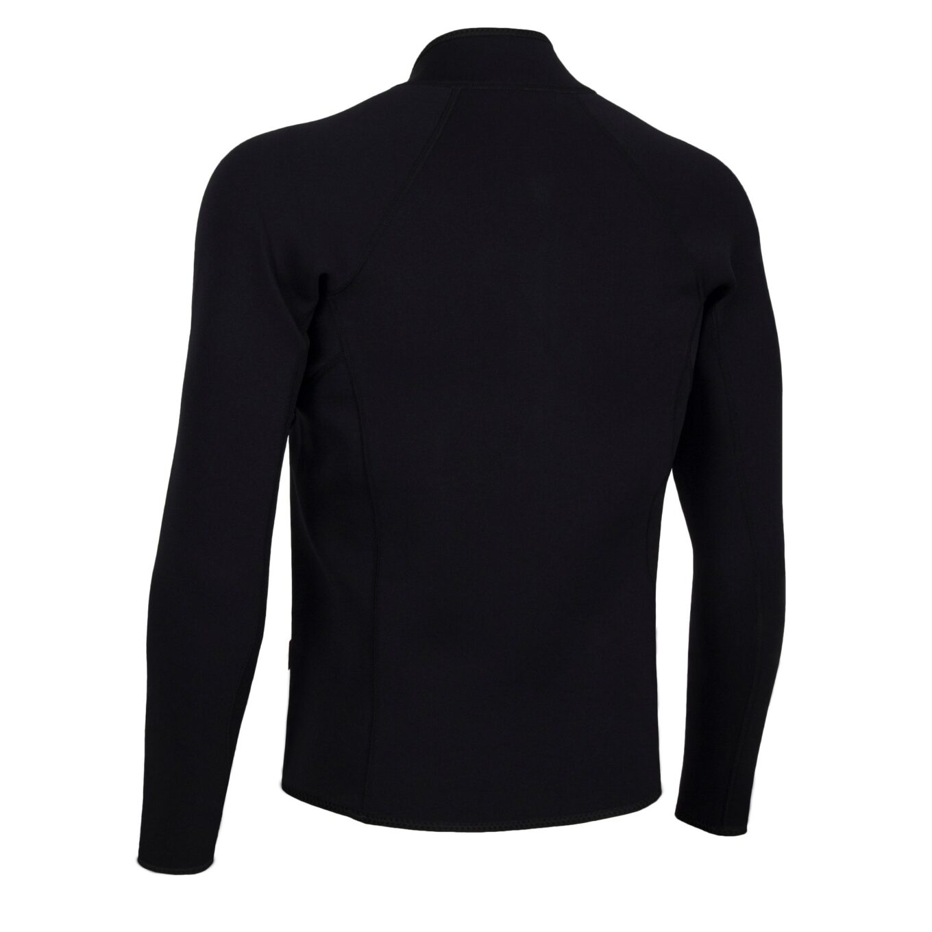 Rear view of the black NRS Bill’s 2mm Wetsuit Jacket showing the raised collar and extended waist