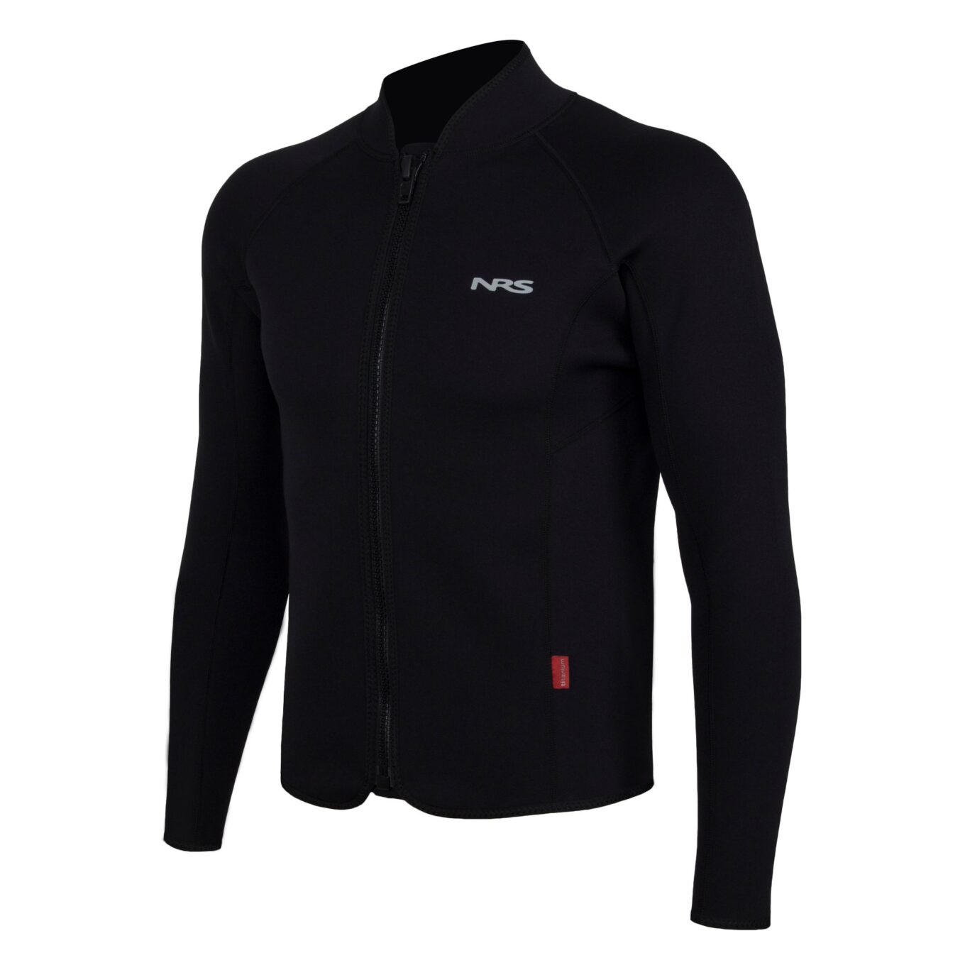 Angled front view of the black NRS Bill’s 2mm Wetsuit Jacket showing the full zip and NRS logo