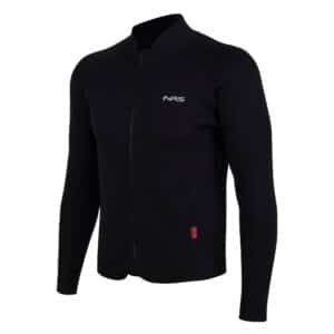 Angled front view of the black NRS Bill’s 2mm Wetsuit Jacket showing the full zip and NRS logo