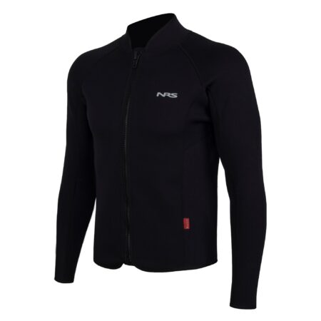 Angled front view of the black NRS Bill’s 2mm Wetsuit Jacket showing the full zip and NRS logo