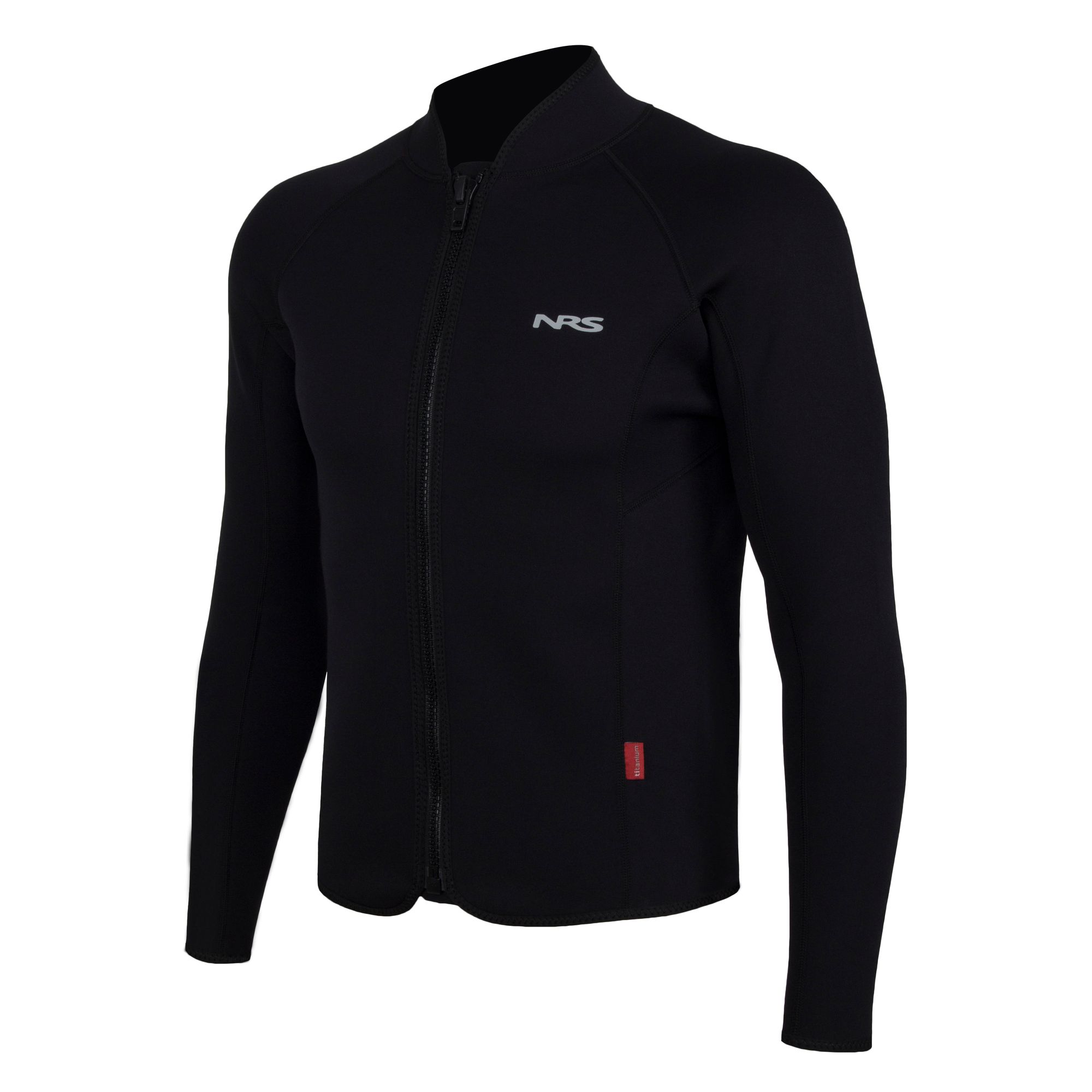 Angled front view of the black NRS Bill’s 2mm Wetsuit Jacket showing the full zip and NRS logo