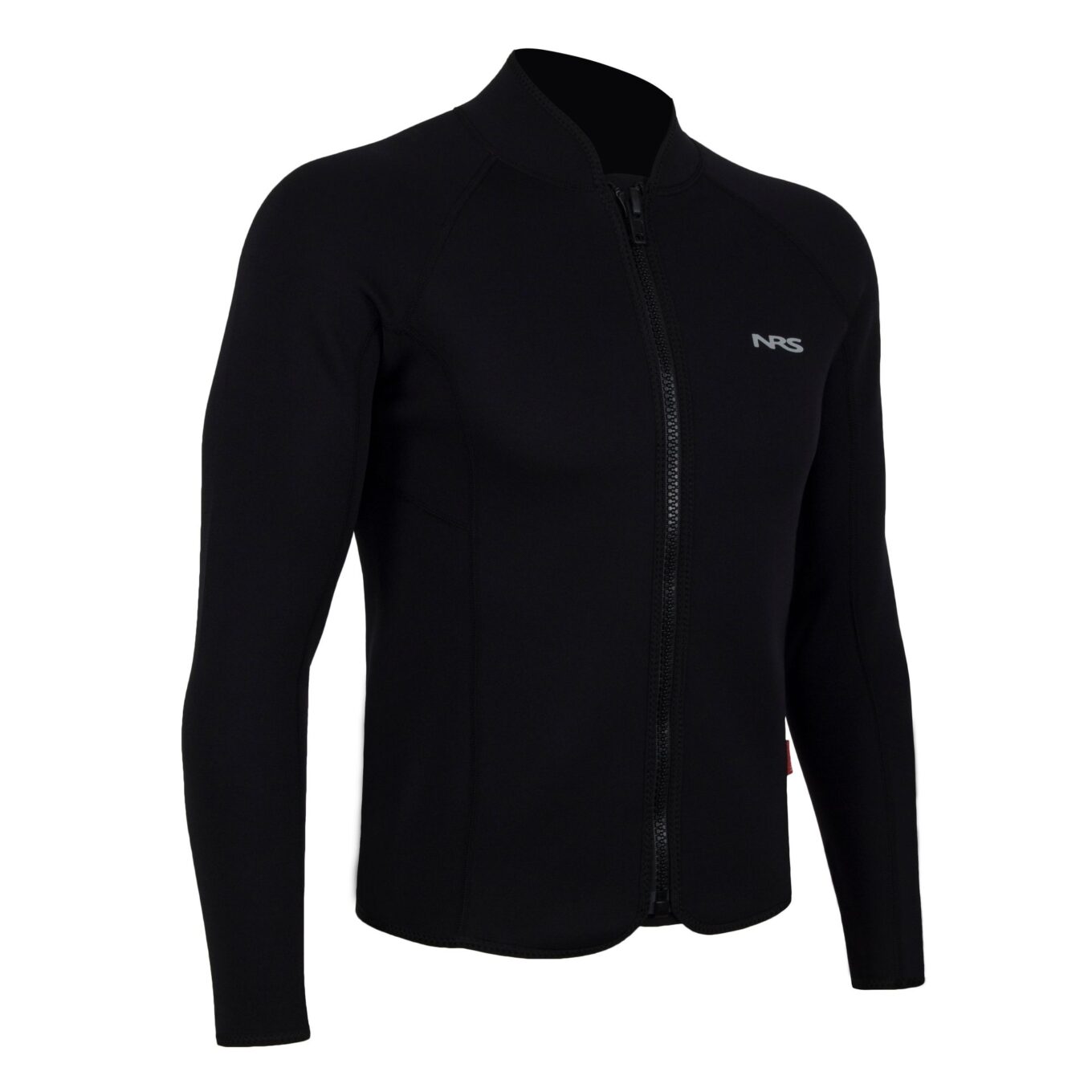 Front three-quarter view of the black NRS Bill’s 2mm Wetsuit Jacket with YKK zip and raised collar
