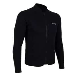 Front three-quarter view of the black NRS Bill’s 2mm Wetsuit Jacket with YKK zip and raised collar