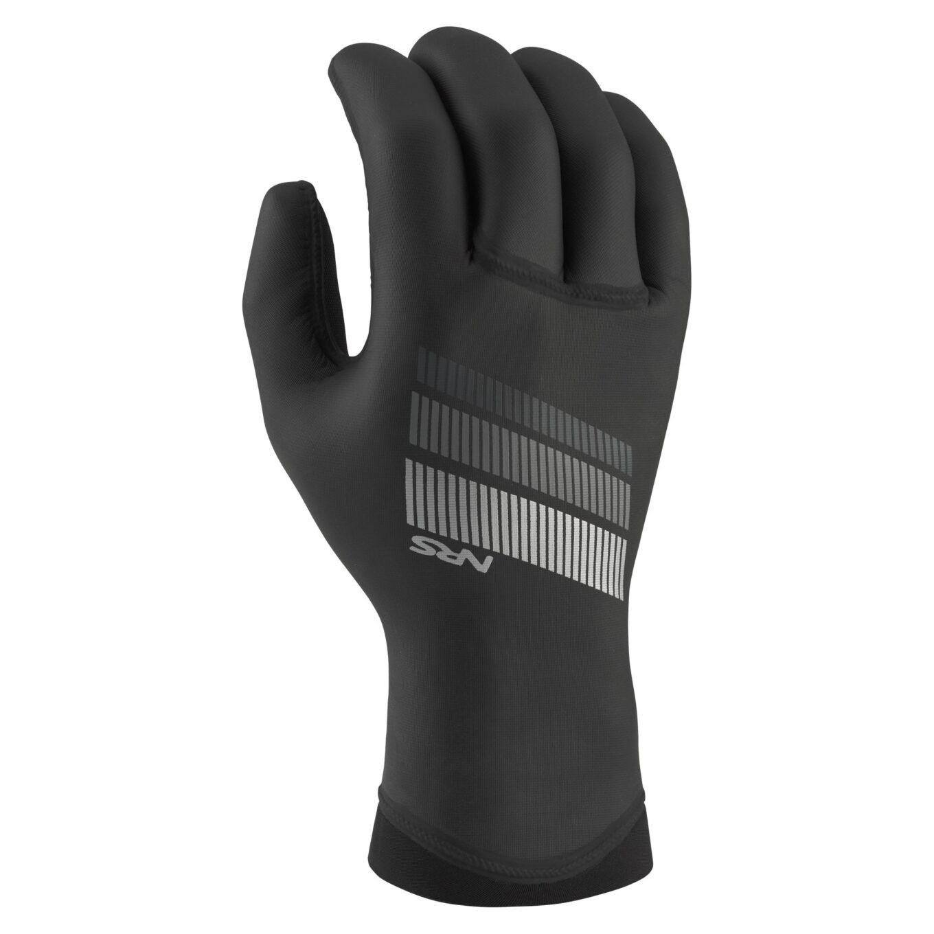 Back of a black NRS Maverick glove showing the NRS graphic, pre-curved fingers and extended cuff.