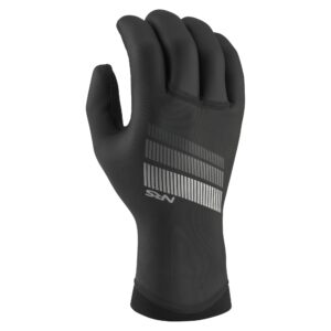 Back of a black NRS Maverick glove showing the NRS graphic, pre-curved fingers and extended cuff.