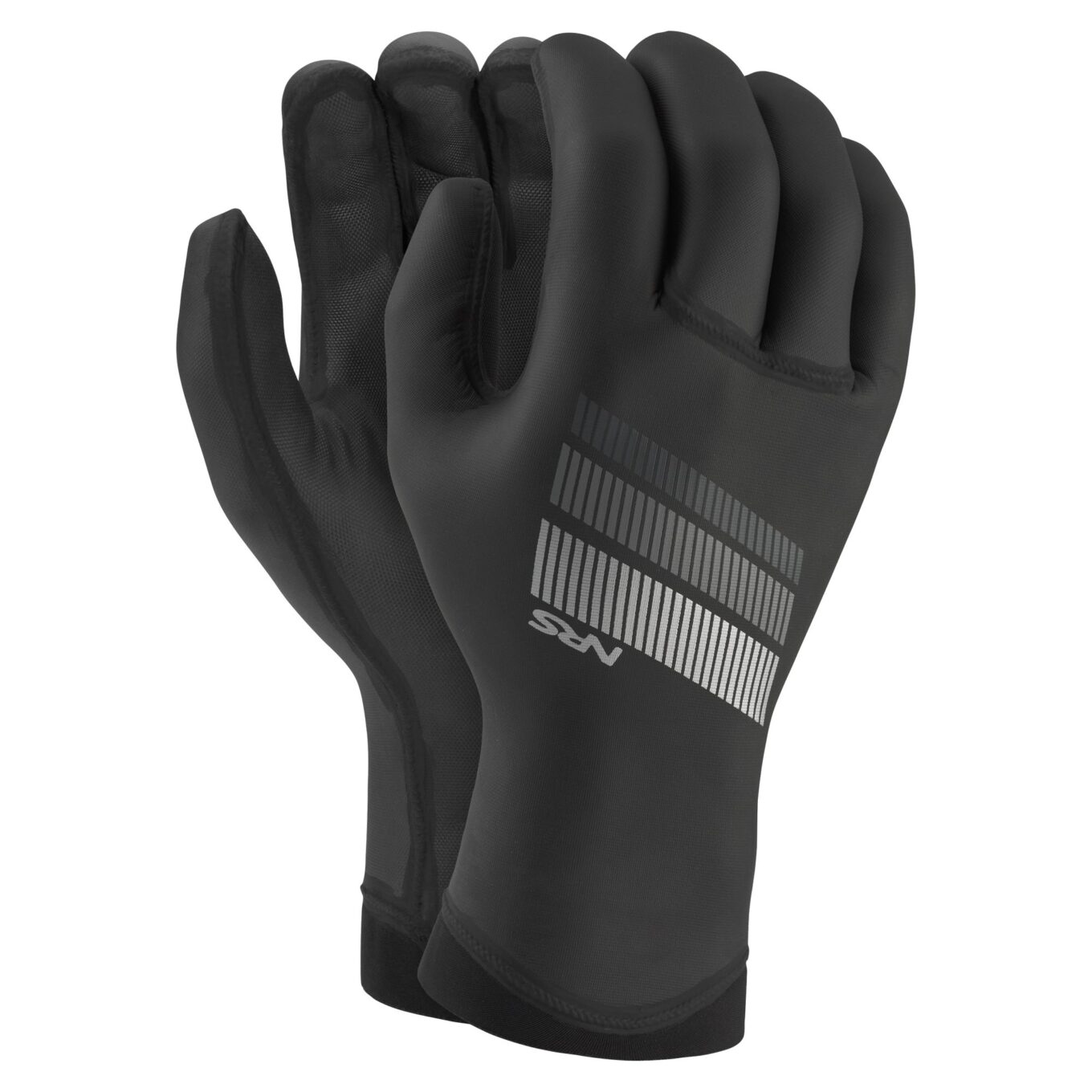 Pair of black NRS Maverick gloves on a white background, showing the back of one glove and the textured palm of the other.