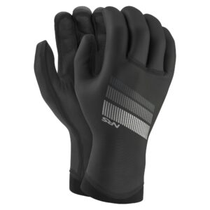 Pair of black NRS Maverick gloves on a white background, showing the back of one glove and the textured palm of the other.