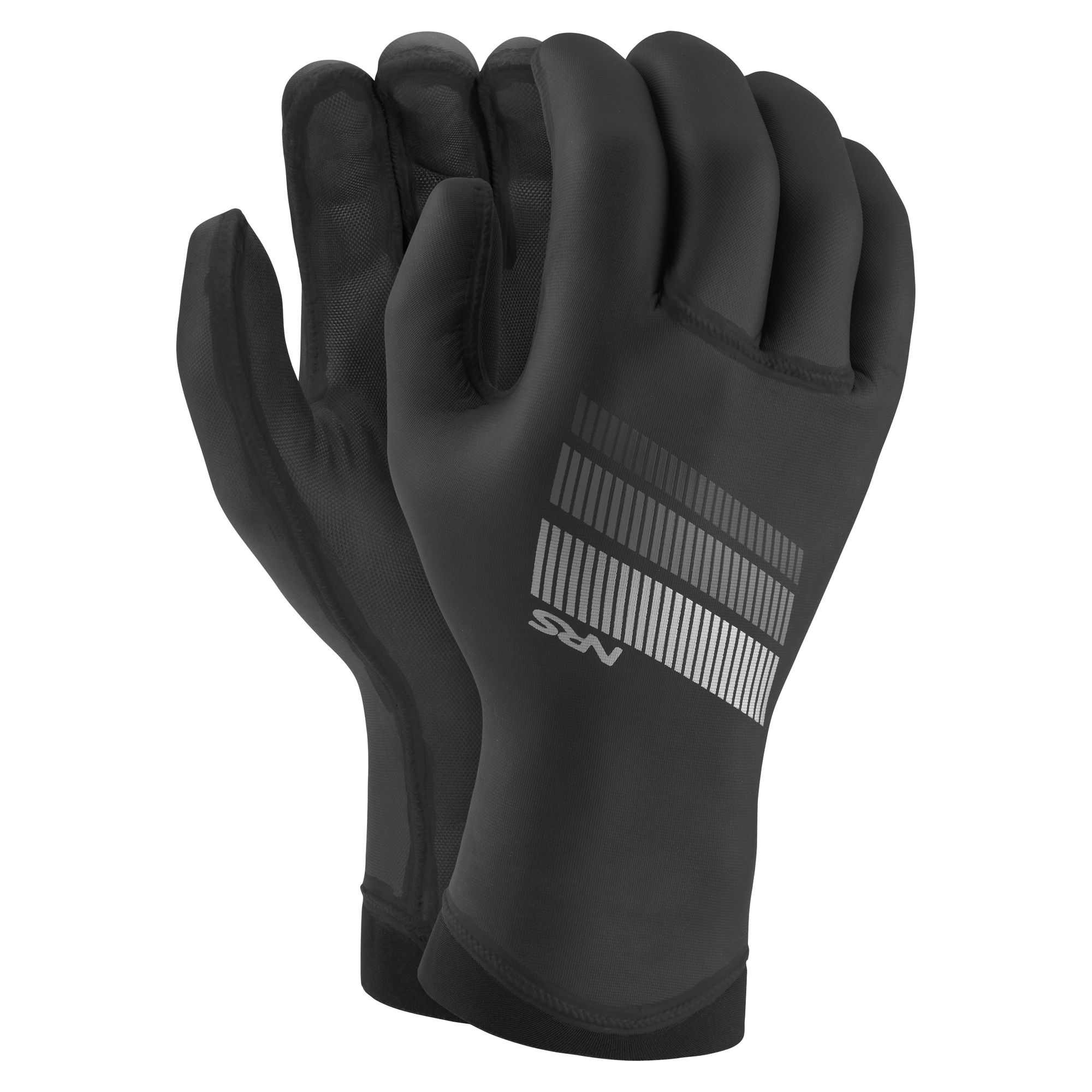 Pair of black NRS Maverick gloves on a white background, showing the back of one glove and the textured palm of the other.
