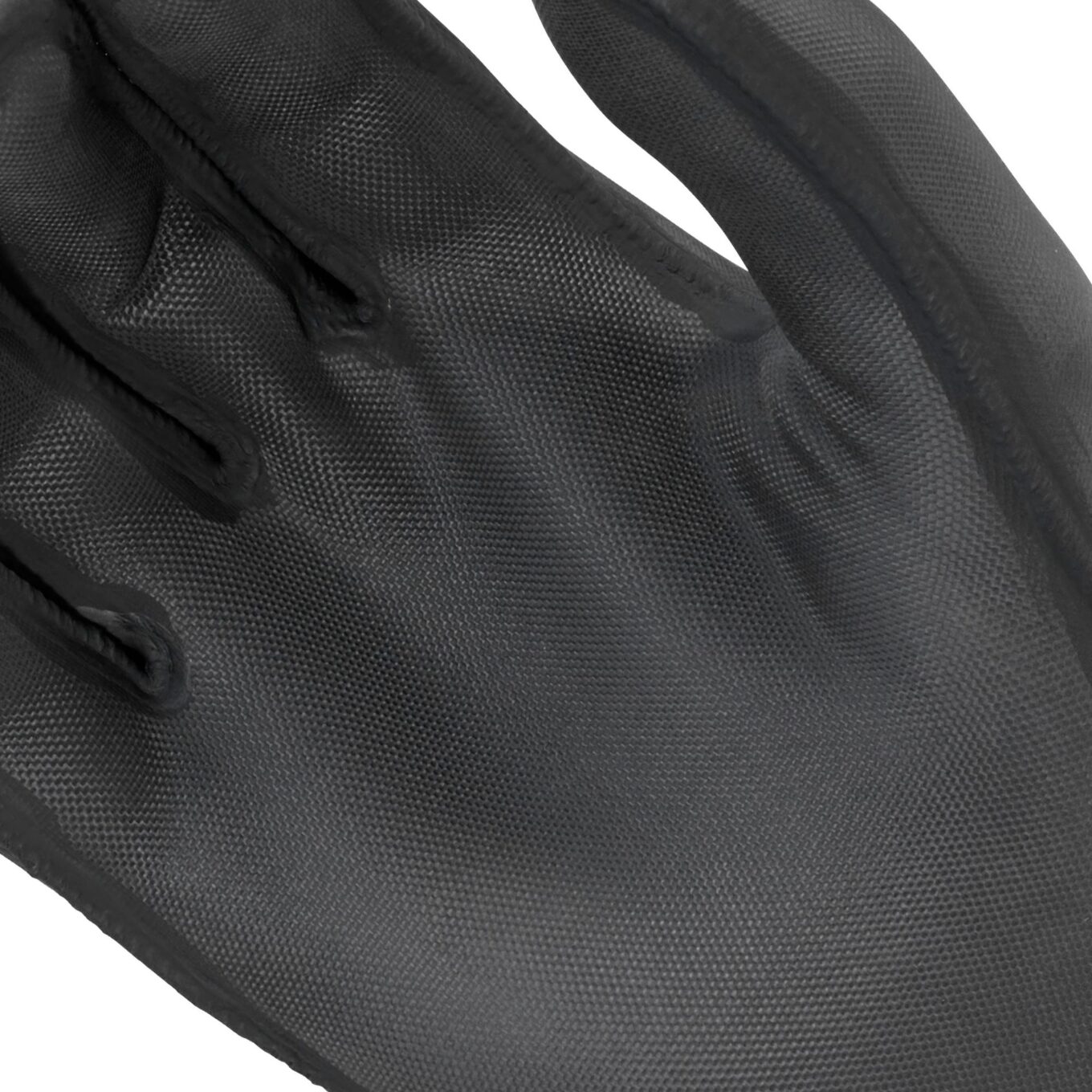 Close-up of the grey textured RawHide palm and finger seams on an NRS Maverick glove.